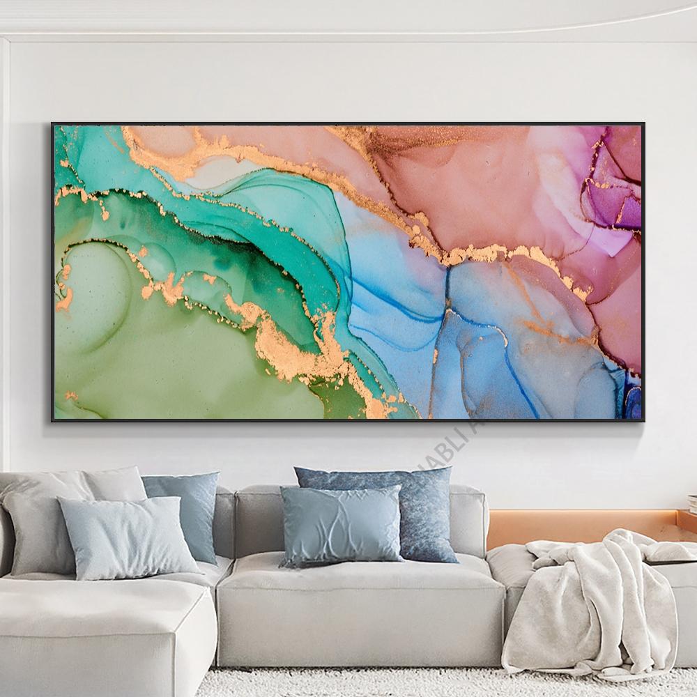 Luxury Abstract Gold Fluid Art Canvas Painting Colorful Ink Art Posters and Prints Marble Texture Wall Art Living Room Decor