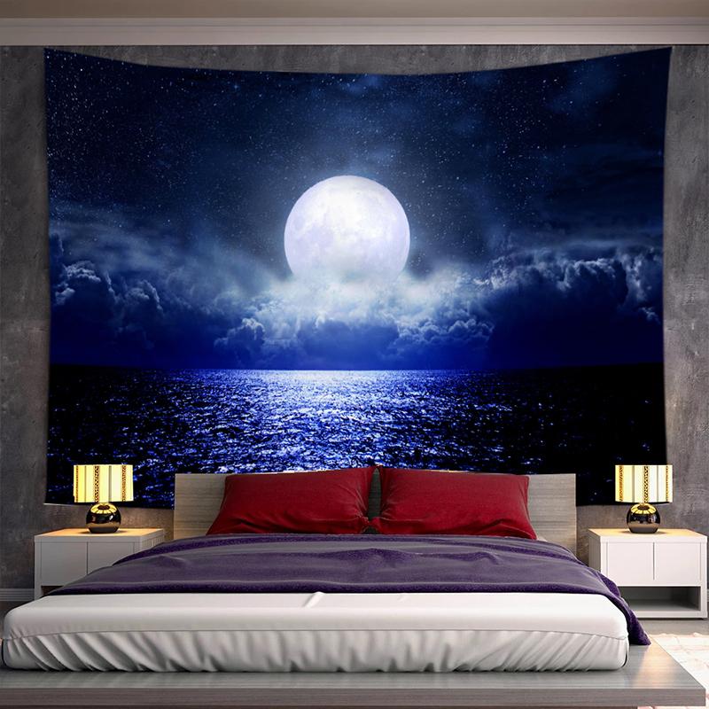 

Sea Moon Tapestry for Bedroom Living Room Background Hanging Wall Cloth Natural Scenery Blue Lake Wall Tapestry Room Decor 74x94cm(29x37in)