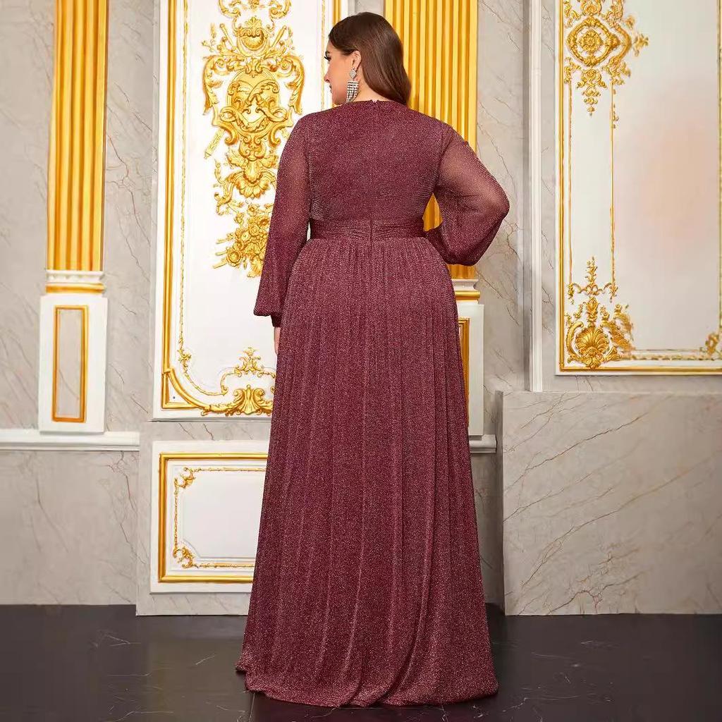 Plus Size Women's Deep V-Neck Lantern Sleeve Evening Gown with Slit - FMGN1043