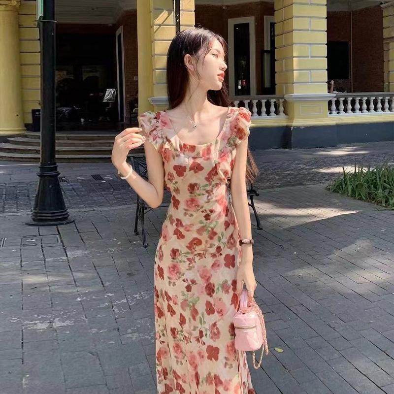 French Style Retro Floral Dress Women's Summer New Flying Sleeve Tight Waist Slimming A- Line Long Dress