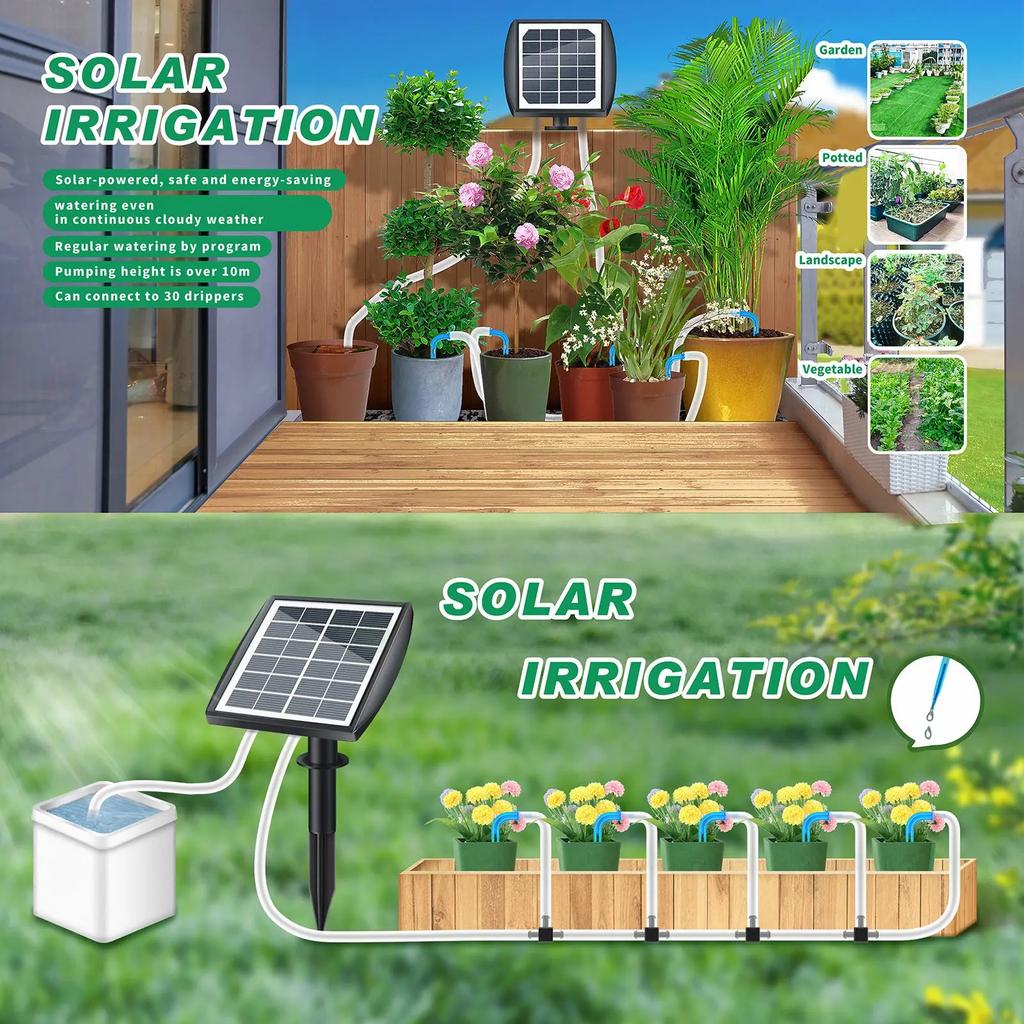 Solar Automatisches Bewässerungssystem 6 Timer-Modi Automatischer Alarm Solar Pflanzen Tropfbewässerungs-Set für Balkon Terrasse Garten