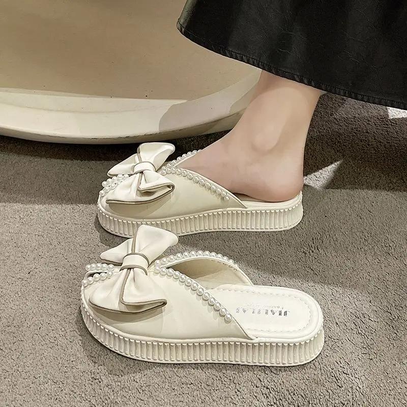Fashion Round Toe Fish Shoes Mules Home Slides with Bow Indoor House Off White Pearl Outside Cute Women's Slippers and Ladies Sandals W