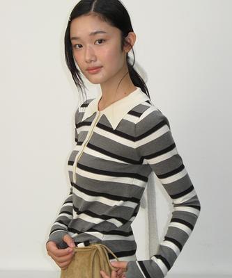 RONRON Stripe Henryneck Collar Slim Long Sleeve Knit Charcoal Ivory
