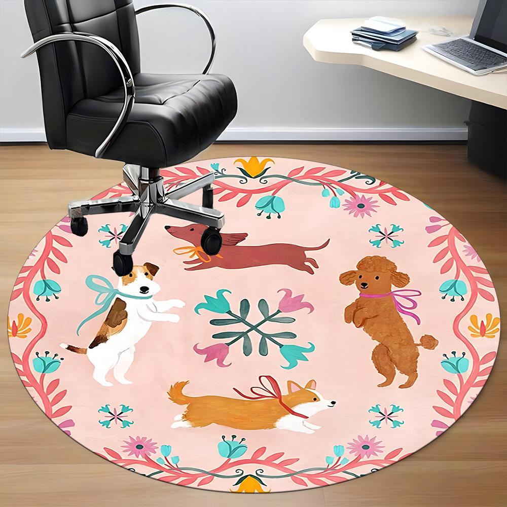 1PC Dogs Floral Office Round Area Rug, Indoor Mat Suitable For Office, Under Office Chairs Bedroom Living Room Home Decor, Room DecoT1223070