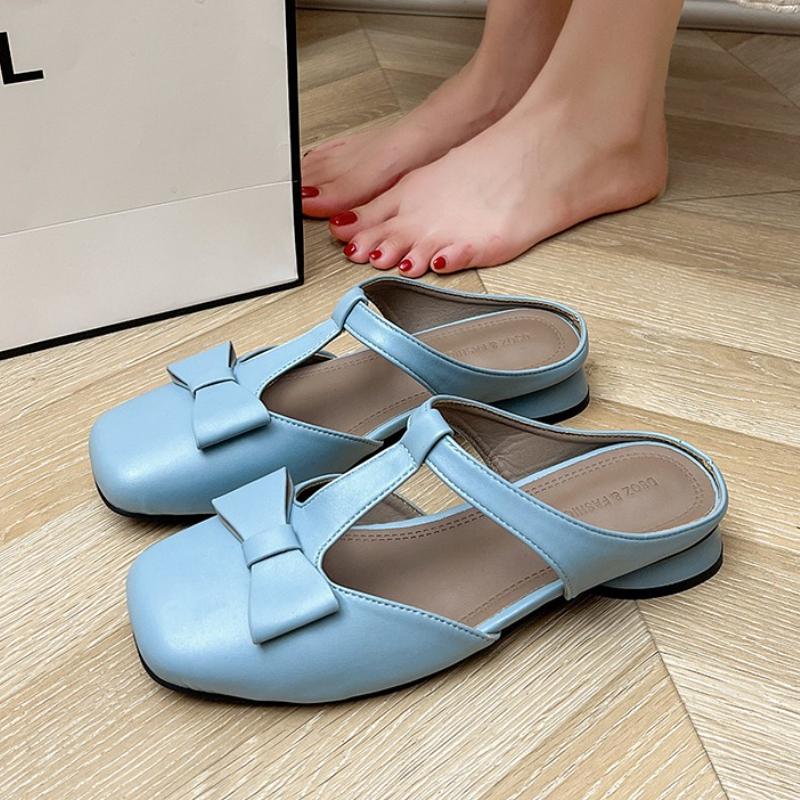 Fashion Bow Women Slippers Square Toe Heeled Sandals Fashion Mules Shoes 2025 Elegant Summer New Slingback Chunky Woman Shoes Zapatillas