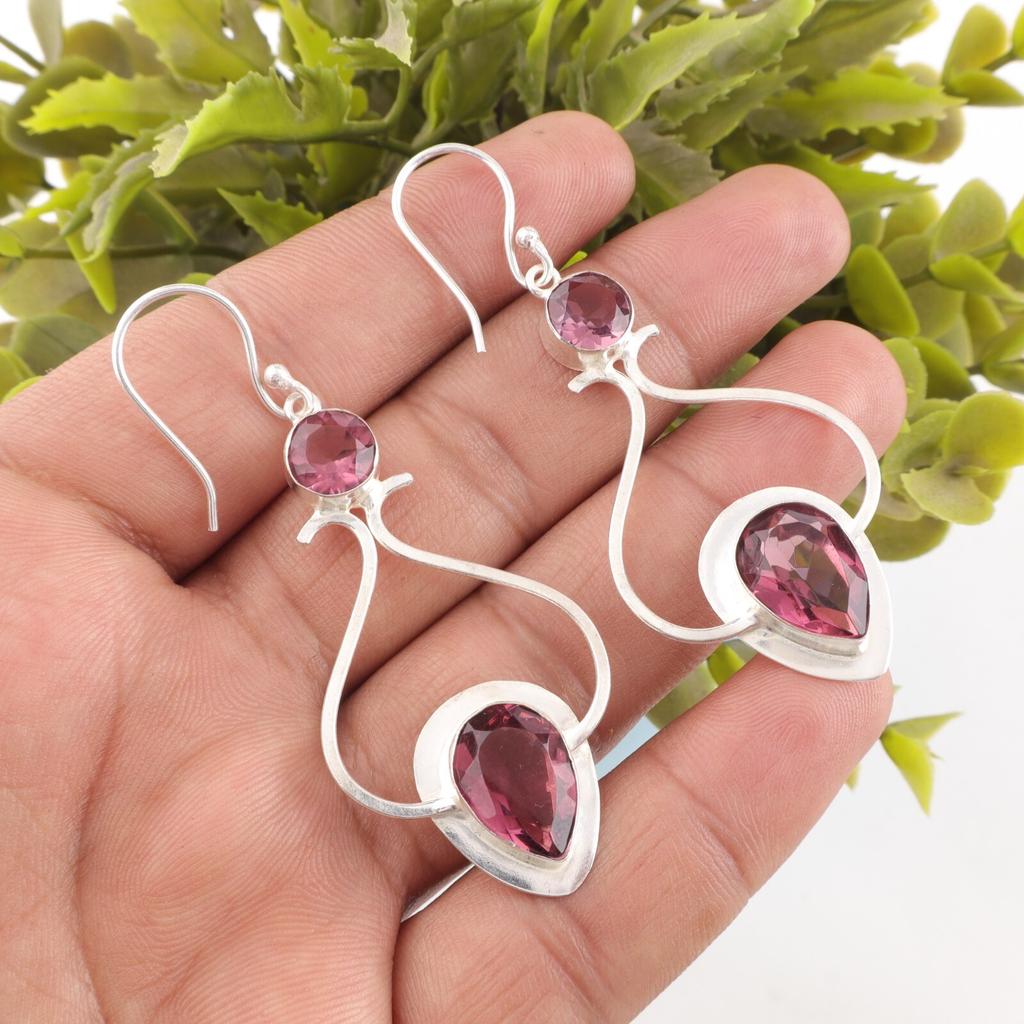 Natural Rhodolite Gemstone 925 Sterling Silver Jewelry Handmade Earrings 2.07" EE-170-3