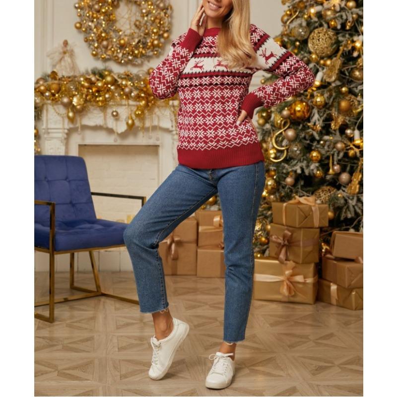 Women Loose Fit Long Sleeve Reindeer Jacquard Winter Sweater