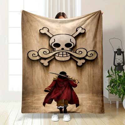 Pirate Skull Symbol with Hero Holding Sword Warm Blanket, Flannel Blanket for Bedroom, Living Room, Sofa, and Nap.