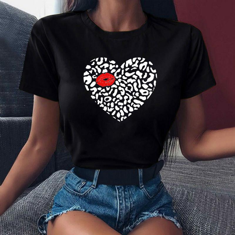 Růžové tričko s potiskem leopardích rtů Módní Dámské tričko Dámské Bílé a černé tričko Tričko s krátkým rukávem Dámské topy Harajuku