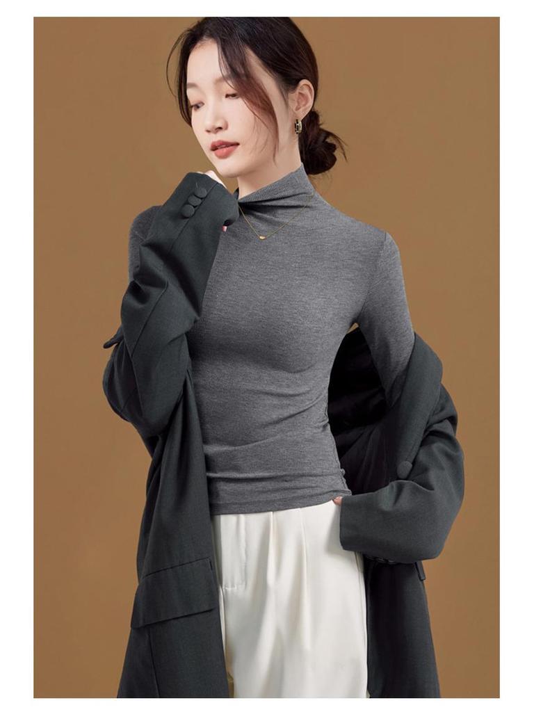 Women's Slim Fit Ribbed High Neck Long Sleeve Top for Spring and Autumn