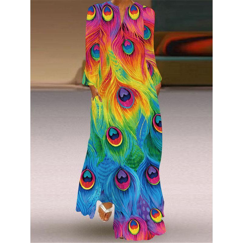 New Chinese Style Chinese Style Skirt Elegant Sexy Long Sleeves 3D Print Long Skirt Loose Plus Size Women's Clothing Long Dress