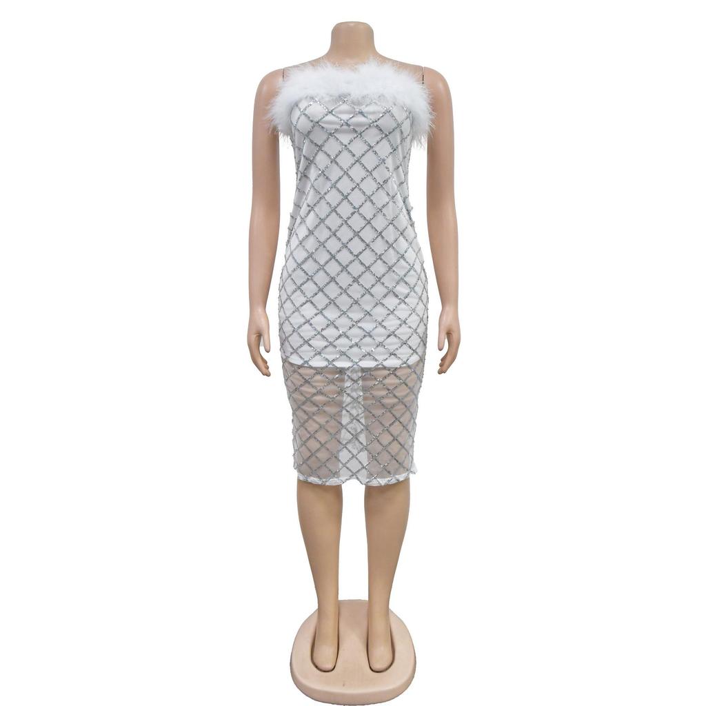 Europe America Fashion Women's Sexy Strapless Sequin Feather Bandage Dress