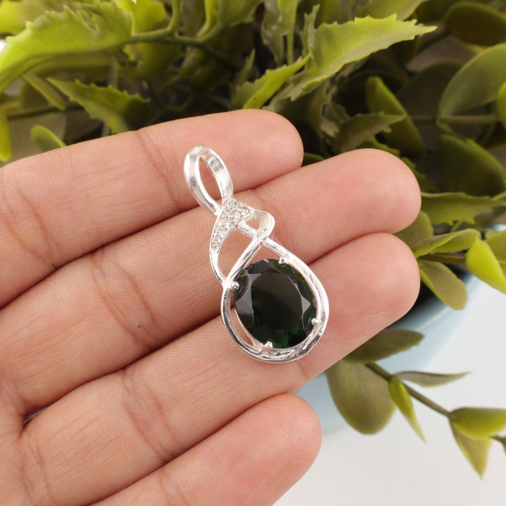Green Tourmaline Gemstone 925 Sterling Silver Jewelry Zircon Chain Pendant1.22" CZP-13-4