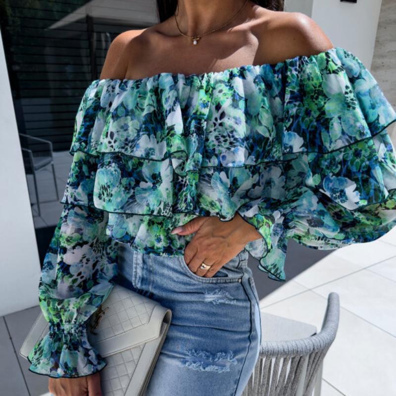 BITCED Damen Frühling Herbst Sexy Mode Ein Schulterfrei Bedrucktes Hemd