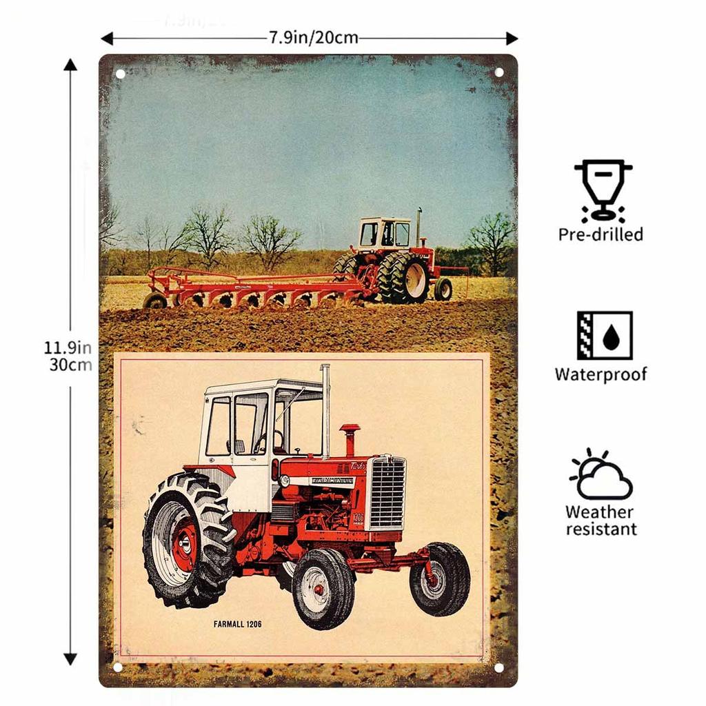 Detailed Illustration of a Vintage Red Plow Tractor Vintage Metal Wall Sign Decor Poster Frames Garage Living Room