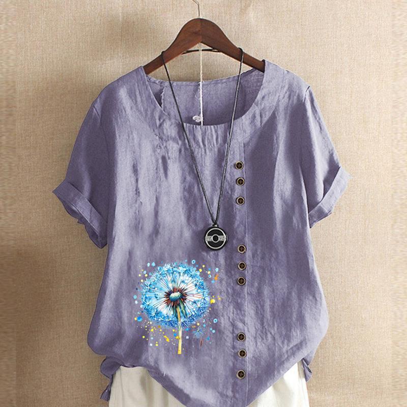 Women's Fashion Blue Dandelion Prined Short Sleeve T-shirt Loose Cotton Shirt Casual Loose Summer Blouse Tops Plus Size