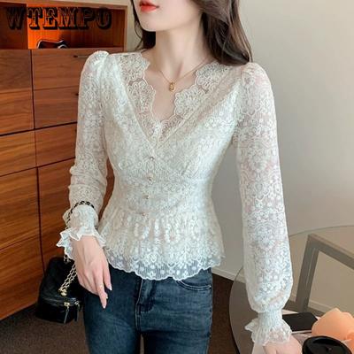 Women Lace Blouses Shirts Lady Casual Long Sleeve V-Neck Solid Color Blouses Tops Spring Autumn Style