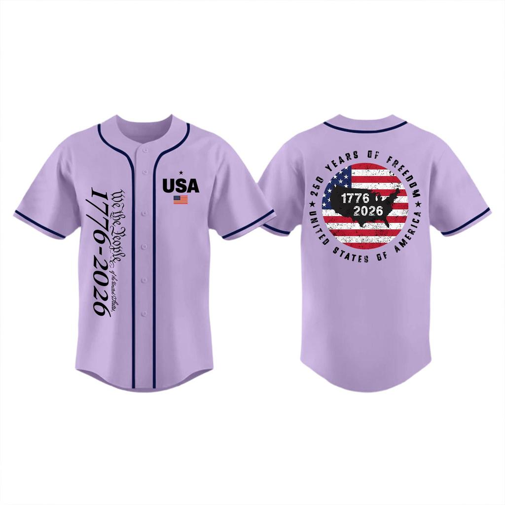 Unisex Baseballtrikot Oberteil für Erwachsene mit 1776-2026 Aufdruck USA Flagge Grafik Knopfleiste Kurze Ärmel Sportshirt für den Unabhängigkeitstag