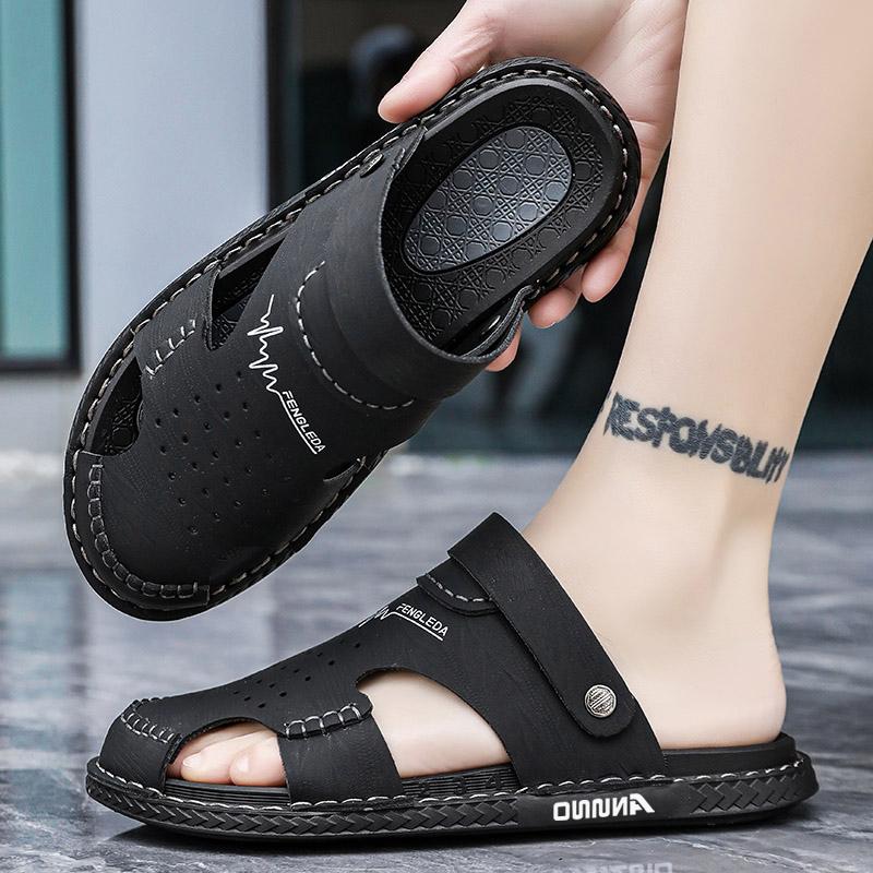 Men's Baotou Sandals Summer new Outdoor Cool Breathable Anti slip Waterproof Beach Shoes Soft Sole Fashion Dual purpose Slippers