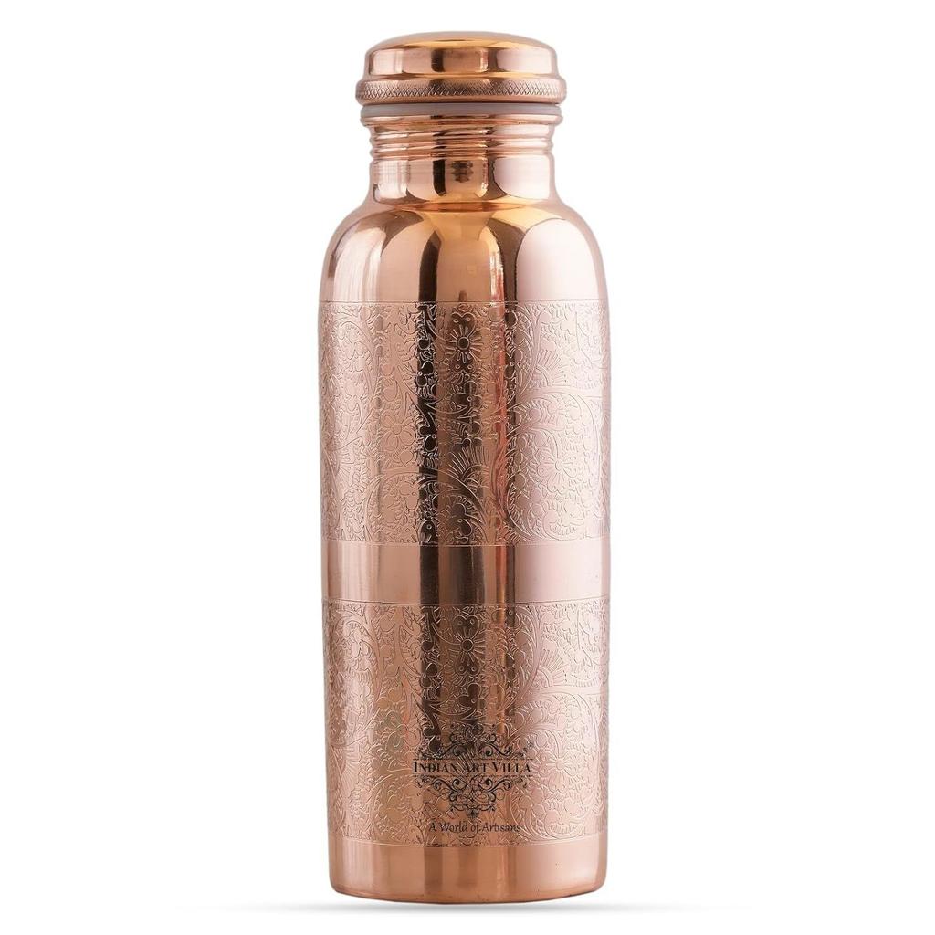 Pure Copper Water Bottle with Floral Vines Embossed Design, Drinkware, Storage Purpose, Volume-600 ML, Pack of 1