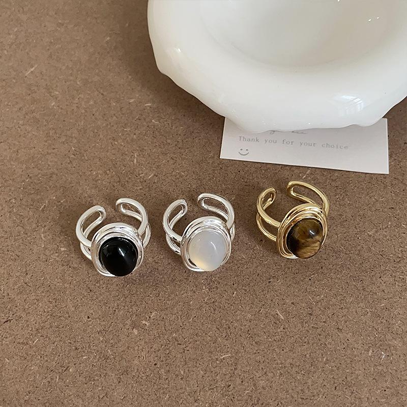 Natural Stone Double-Layer Open Ring Women'S Niche Design Sense Retro Personality Fashion Temperament Versatile Ring Ring
