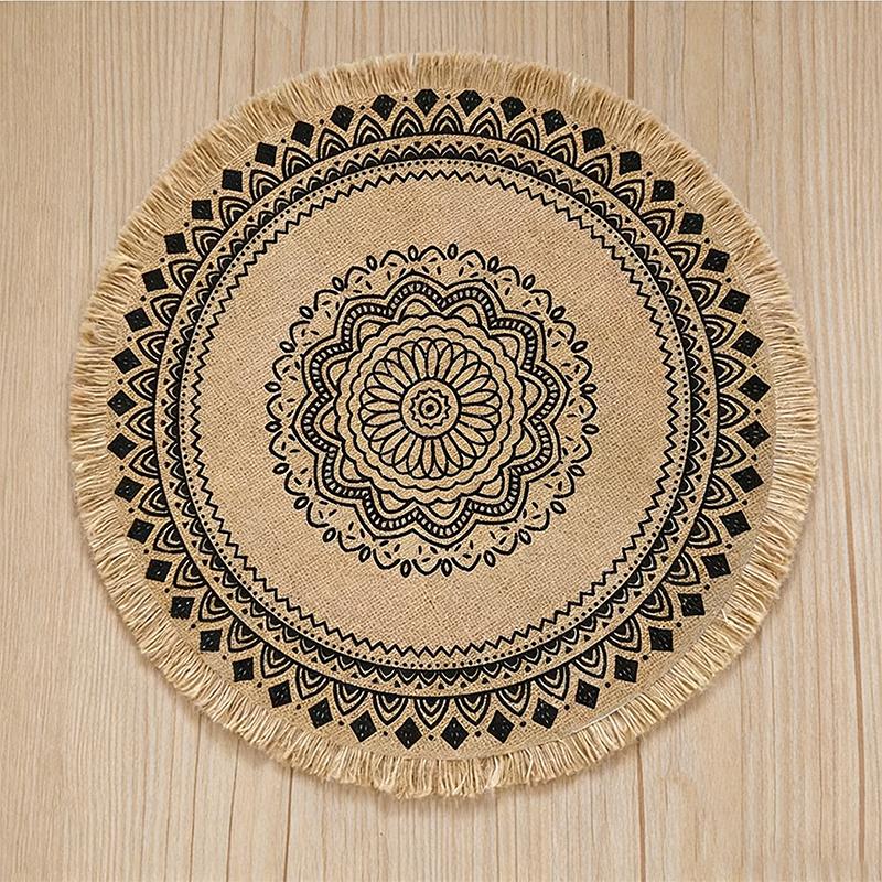 Boho Mandala Round Placemats Heat-Resistant Linen-Cotton Table Mats Washable Non-Slip Dining Decor