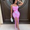 Printed Tie-dye Split Ends Fashionable and Sexy Pleated Drawstring Neck Summer New Dress
