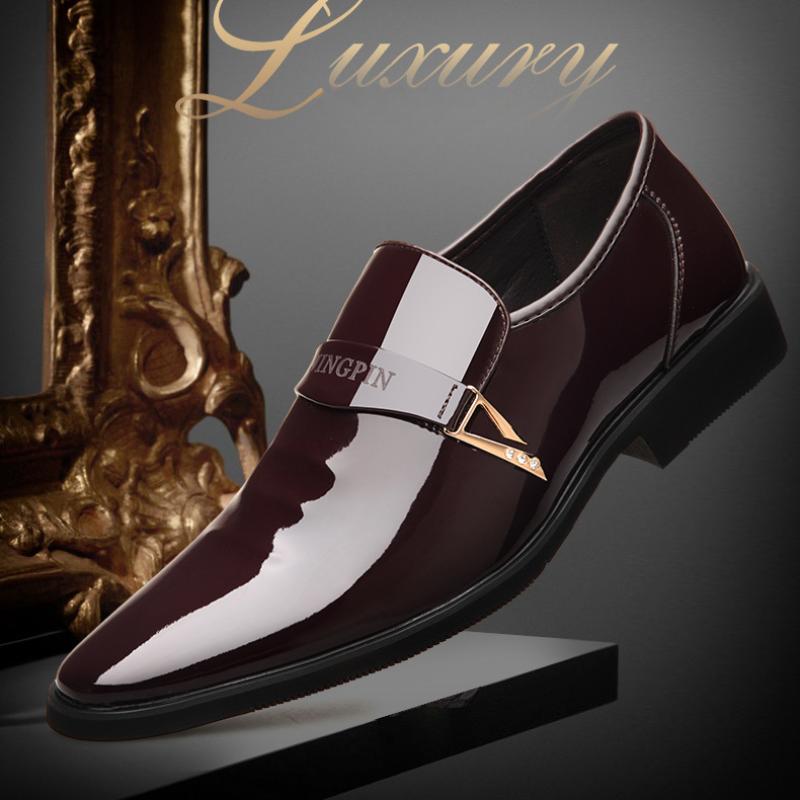 Pánské kožené boty New Pointed Bright Leather Business Formal Wear Stélka zvyšující výšku