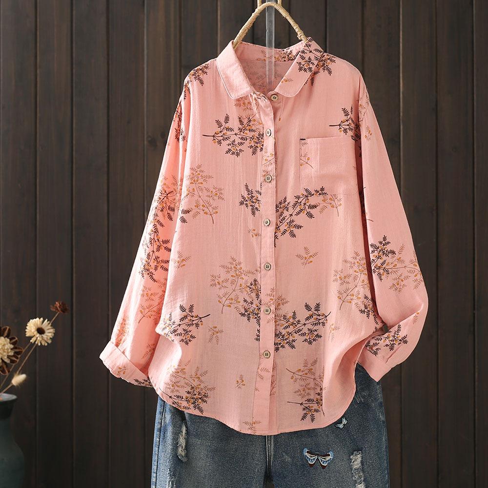 

Одежда для женщин среднего возраста Хлопчатобумажная пряжа Рубашки с принтом Блузки с длинным рукавом для женщин Весенняя винтажная одежда One Size розовый