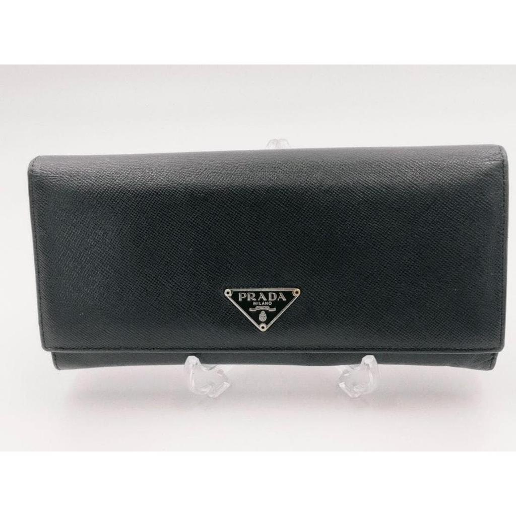 Used Prada Saffiano Leather Flap Long Wallet, Triangle Logo, Black, with Guarantee Card