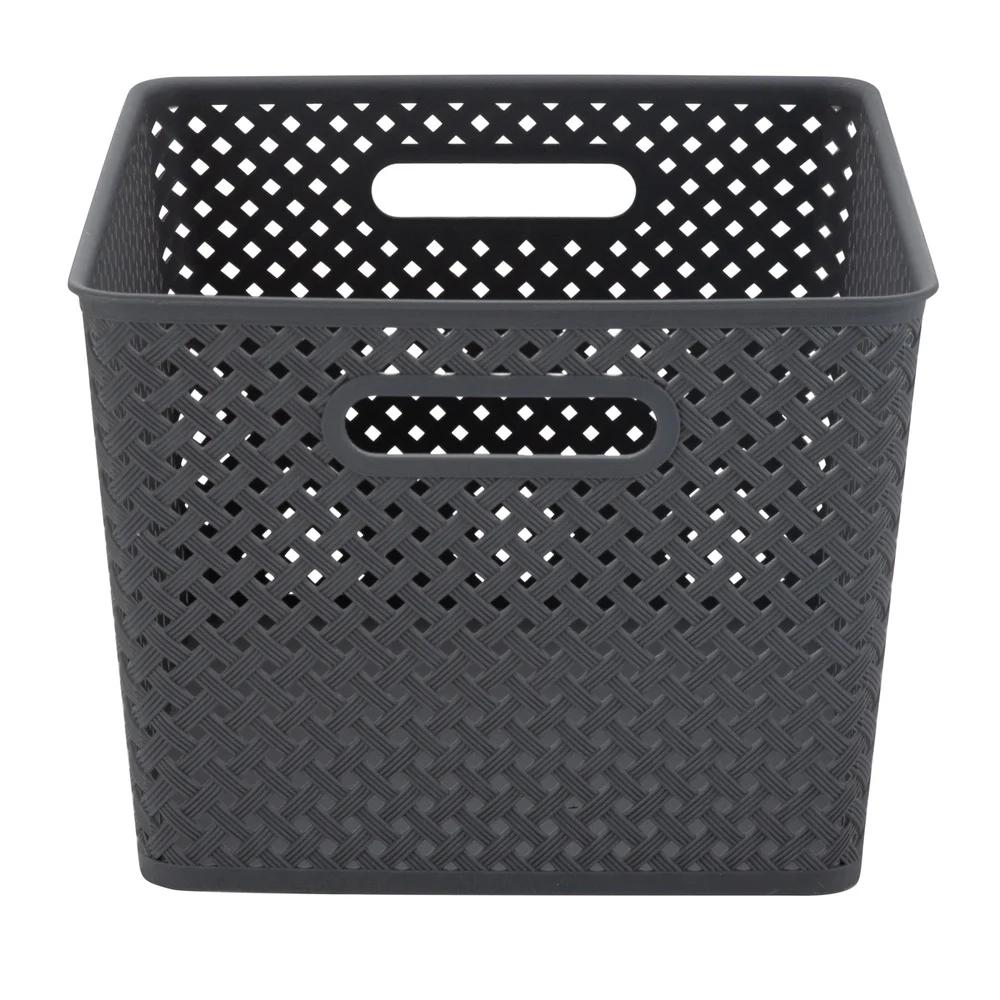 Large Gray Resin Wicker Storage Bin Lightweight Organizing Baskets with Handles Home Storage Solution Toy Book Organizer