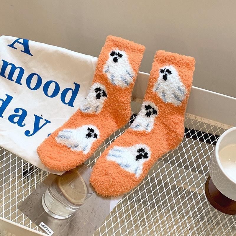 Halloween Coral Velvet Women's Socks Don't Shed Hair Cartoon Warm Middle Socks