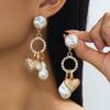 Women Elegant Baroque Pearl Drop Earrings, Round‑Heart Geometric Pendant Ear Ornaments, Stylish Accessory for Daily Outfits