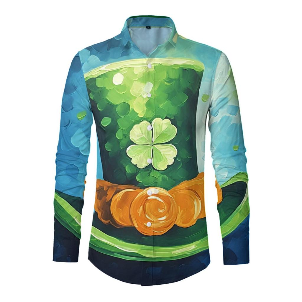 Lucky Clover Print Long Sleeve Shirt, Stylish Casual Button-Up Top