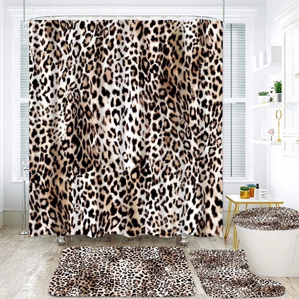 3D Modern leopard Pattern Shower Curtains Bathroom Decor Bath Curtains Set Non-slip Bath Mats Pedestal Rug Toilet Seat Cover