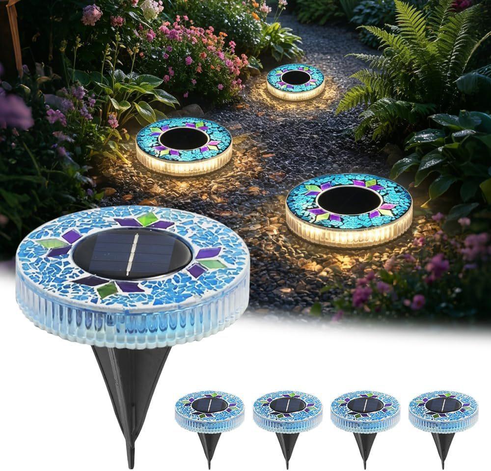 New Solar Outdoor Mosaic Round Disk Light Upgraded Waterproof Colored Glass LED Stake Light Garden Yard Decoration Auto-Sensing Color Change