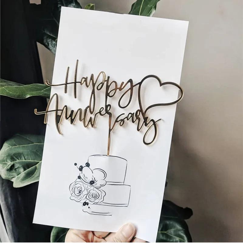 10 Pcs Happy Anniversary Cake Toppers Color Flowers Acrylic Cake Topper Flags Wedding Valentine's Party Cake Dessert Decorations