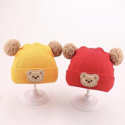 3-24M Newborn Beanie Cap Winter Warm Knit Woolen Hat Cute Plush Ball Infant Skullcaps Cartoon Bear Boy Girl Kids Crochet Bonnet