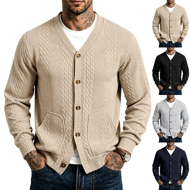 V Neck Long Sleeve Buttoned Jacquard Solid Color Casual Vintage Cardigan Sweatshirt