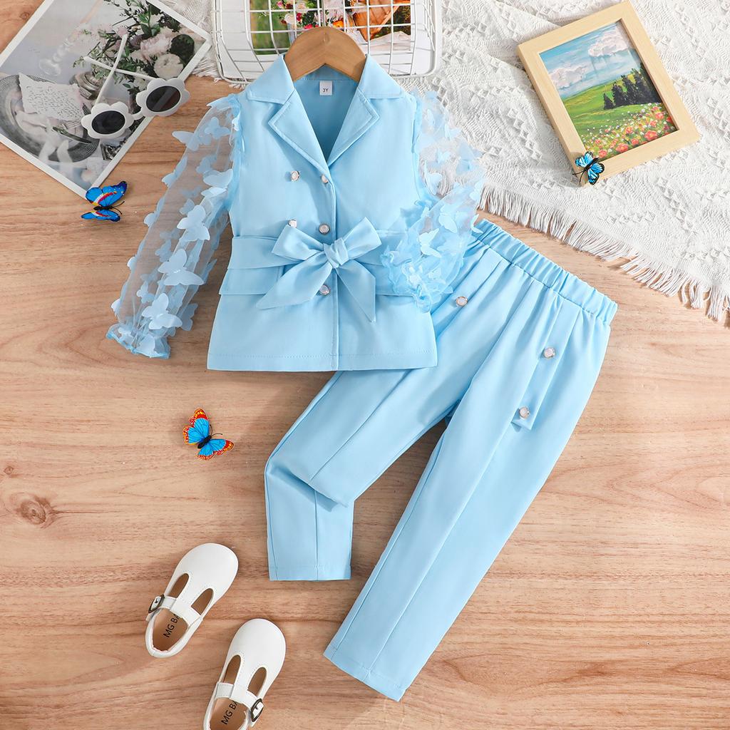 Autumn and Winter New Girls' Long Sleeve Bowknot Mesh Sleeve Blazer and Long Pants Two-Piece Set for Young and Little Girls