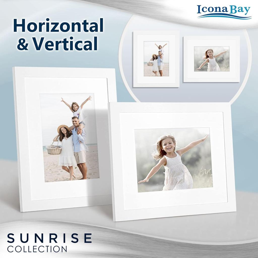 Icona Bay - 8x10 Mat to 5x7 White Picture Frame - Painted Solid One-Piece Wood Composite, Modern Farmhouse - Sunrise Collection