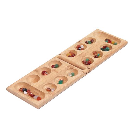 Hra Bamboo Mancala se skládací dřevěnou deskou pro 2 hráče Barevná šachová hračka z přírodního kamene Cestovní děti Dospělí Vzdělávací figurky oblázků Strategická hra
