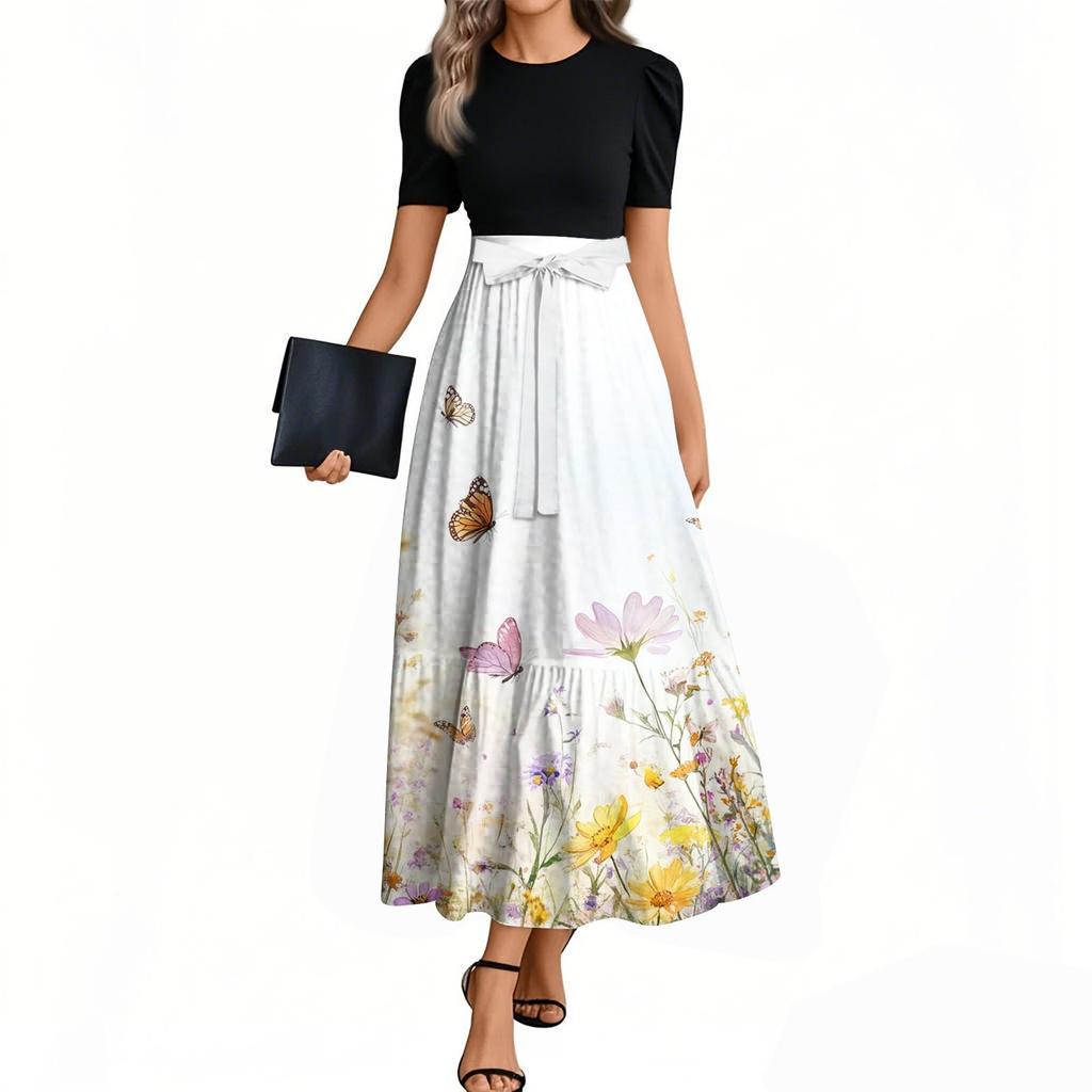 Women's Floral Print High Waist Fashionable And Elegant Dress