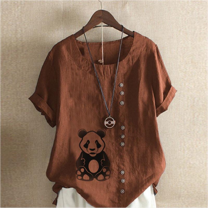 Women's Fashion Panda Print Short Sleeve T-shirt Loose Cotton Shirt Casual Loose Summer Blouse Tops