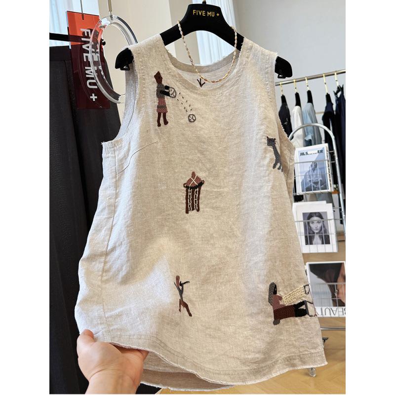 Women s Sleeveless Embroidered Cotton Linen Vest XL