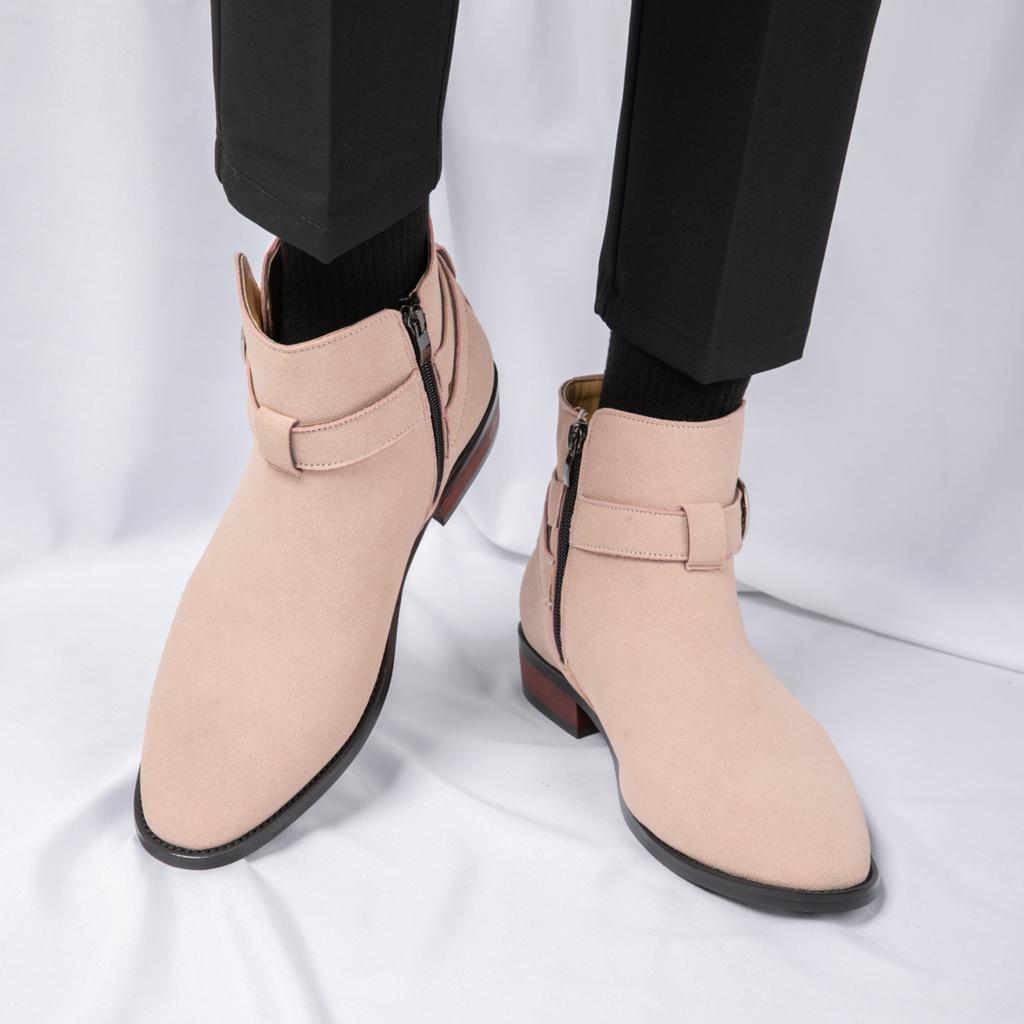 Fashion Buckle Strap Men's Chelsea Boots Pointed Toe Suede Leather Boots For Man Autumn Winter Business Casual Ankle Boots Man
