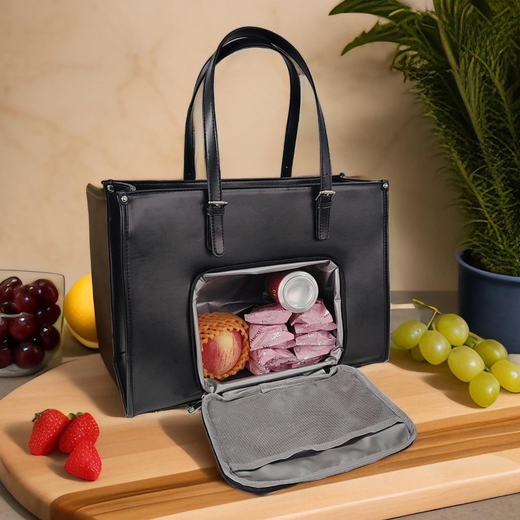 Insulated Lunch Compartment Laptop Tote Bag - 15.6 Inch PU Leather Briefcase
