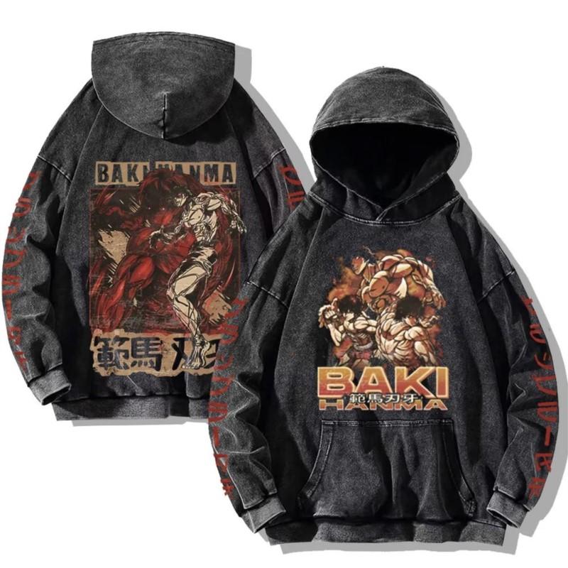 Baki Hanma Anime Print Hooded Men Women Vintage Trendy Hoodies Plus Size Washed Cotton Sweatshirt Harajuku Unisex Streetwear