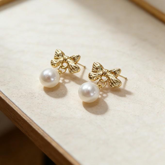 Delicate bow pearl pendant stud earrings temperament commuter earrings earrings