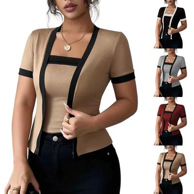 Neues Modisches Zweiteiliges Damen-Strick-Cardigan-Top mit Farbblock und Kurzen Ärmeln